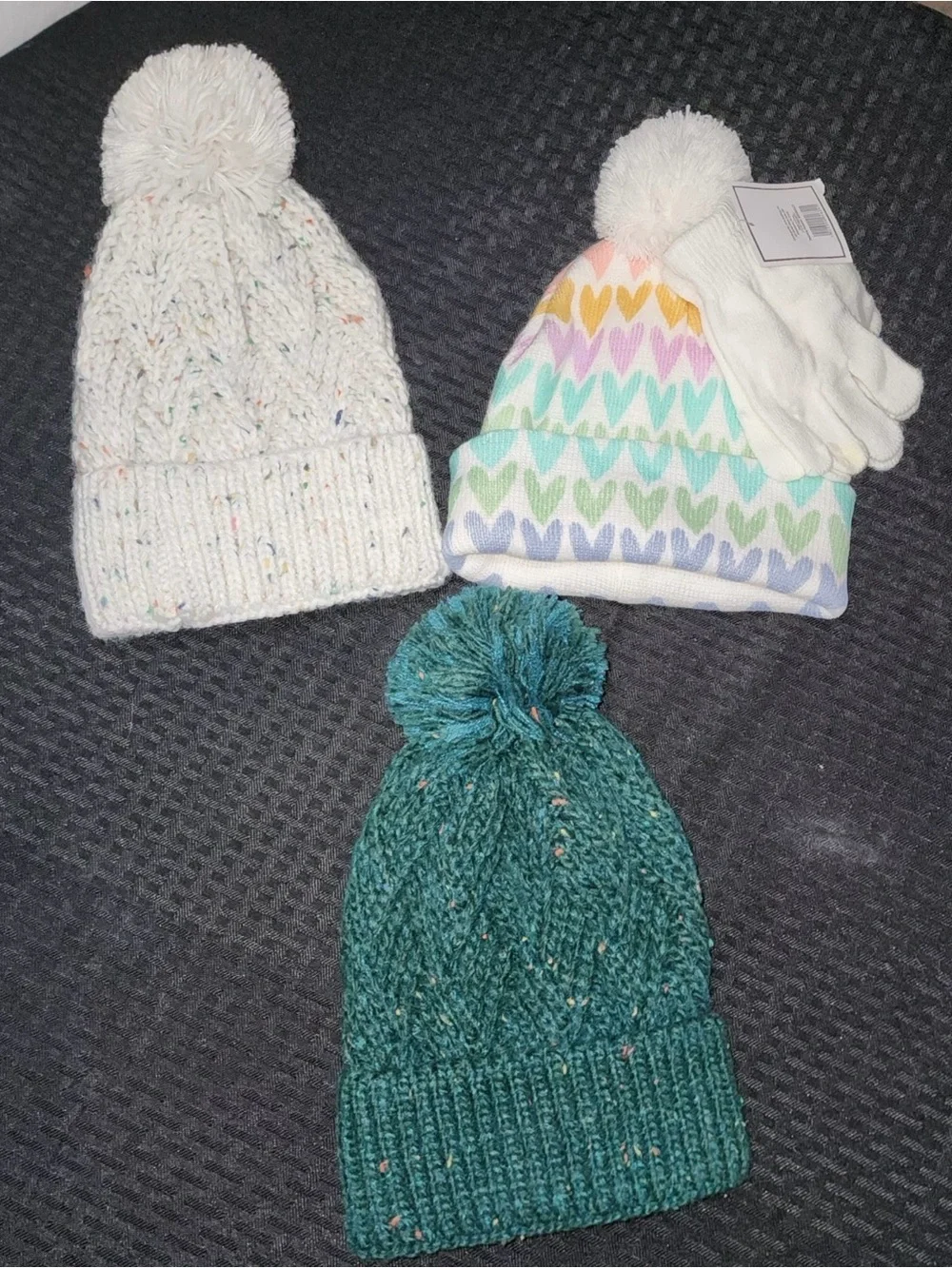 Kids Winter Pom Beanie Hat - Cream, Multicolor Heart, Teal